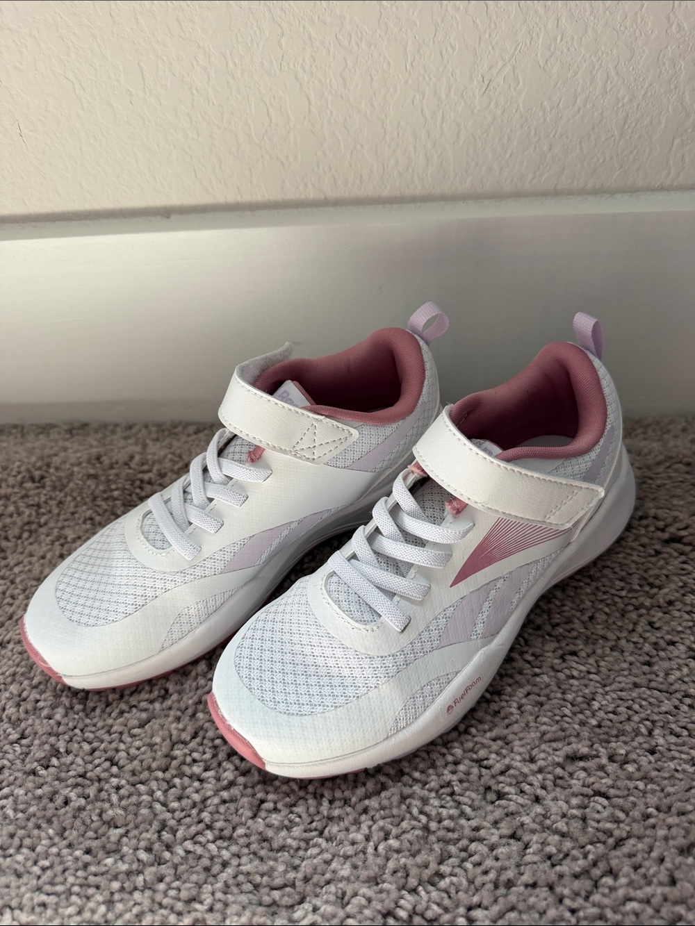 Reebok White and Light Pink Kids Hook-and-Loop Sneakers